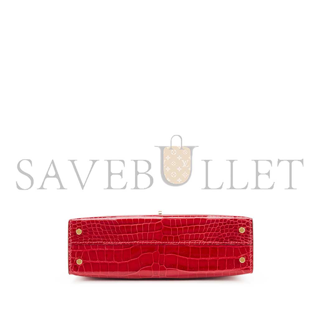 H**mes master mini kelly ii shiny crocodile leather ferrari red gold buckle (19*12*5.5cm)